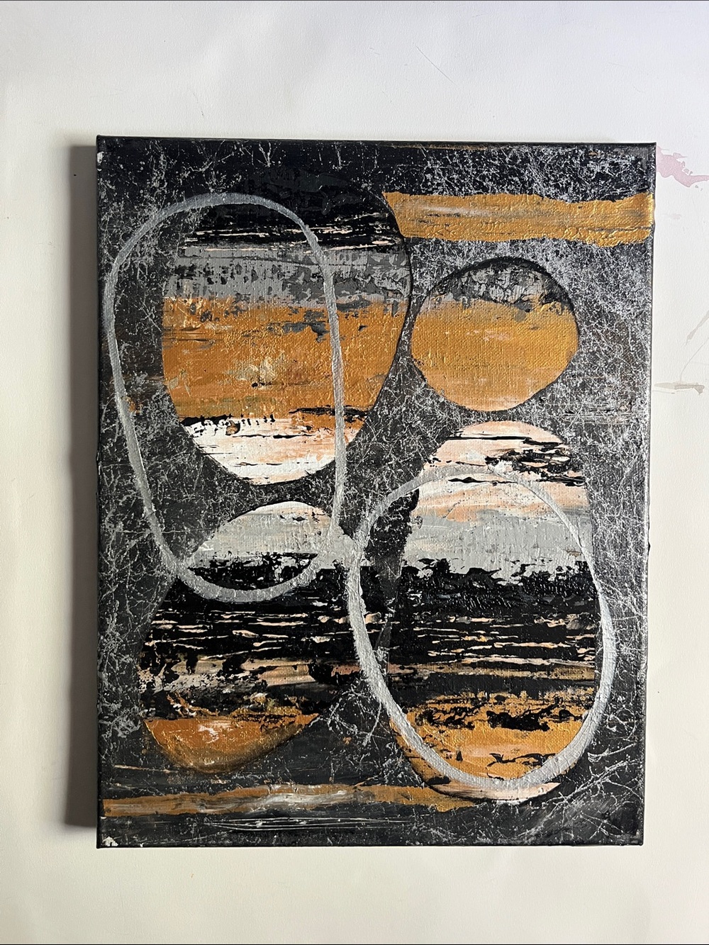 Abstract Metallic Circle Wall Art - Black & Gold Handmade Acrylic Painting 11x14